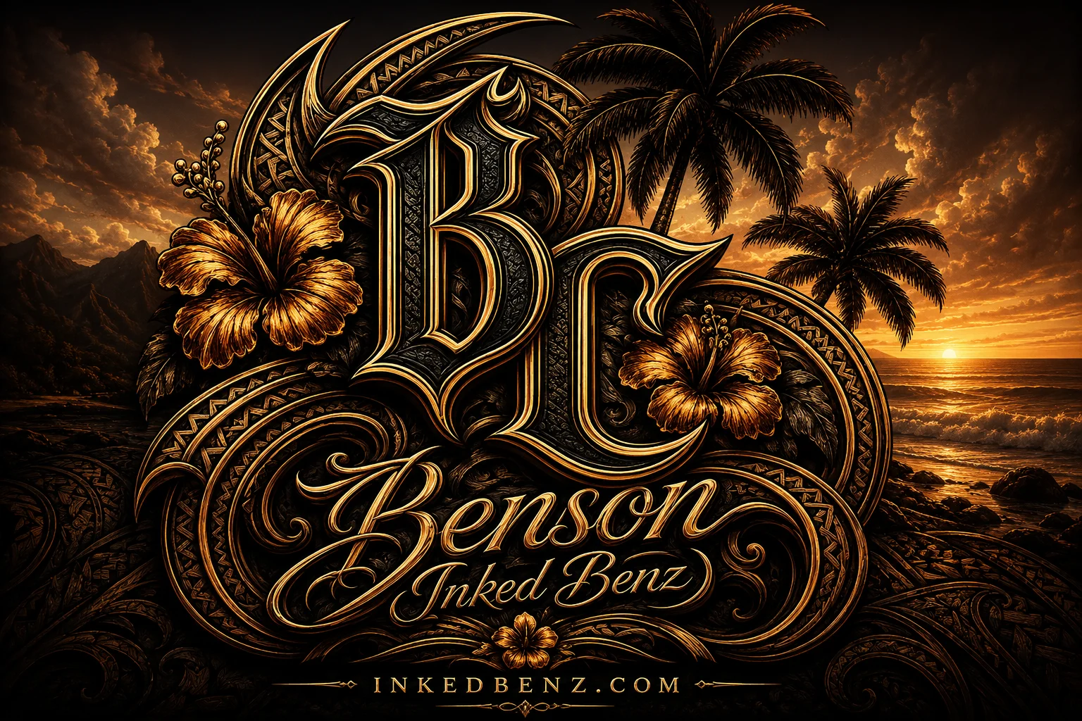 InkedBenz.com — BC blackletter monogram with Polynesian tribal frame, palm trees, hibiscus, and Hawaiian sunset · Benson Carlos Polynesian tribal & black & gray realism tattoo artist · TNT Tattoo Aiea Hawaii