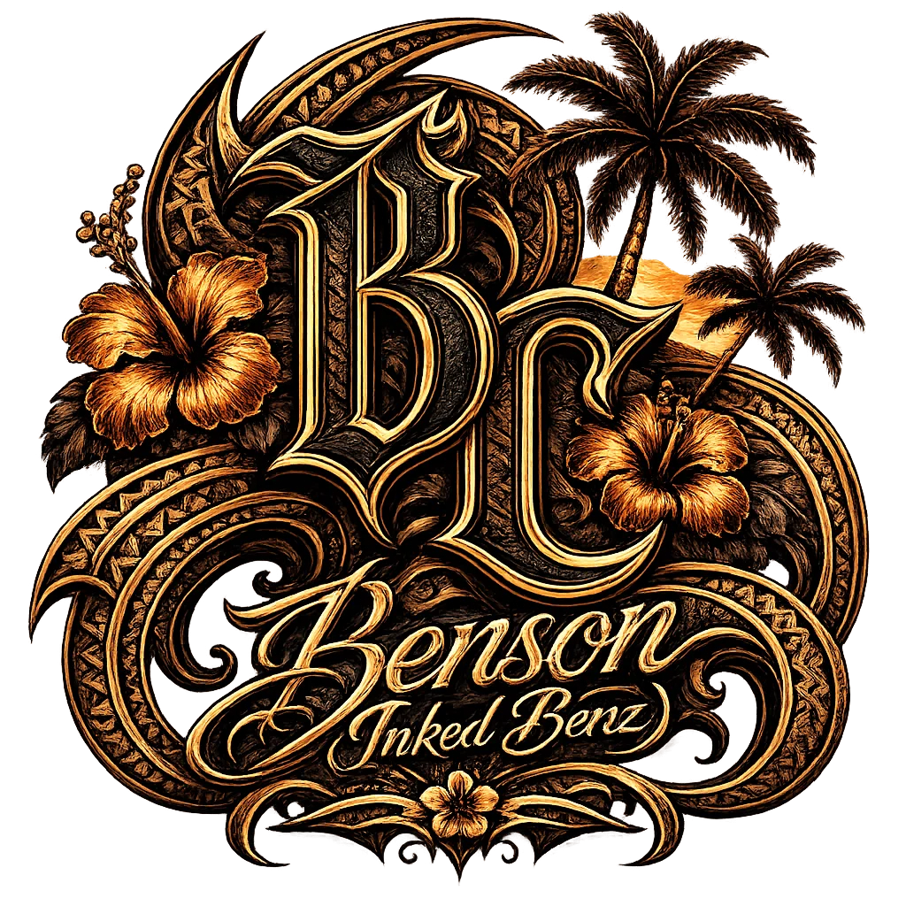 Inked Benz logo — Benson Carlos, Polynesian tribal tattoo, TNT Tattoo Aiea