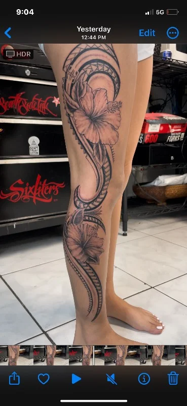 Benson Carlos Polynesian floral tattoo leg Hawaii