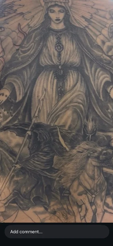 Benson Carlos black and gray realism tattoo of goddess and warrior in Hawaii