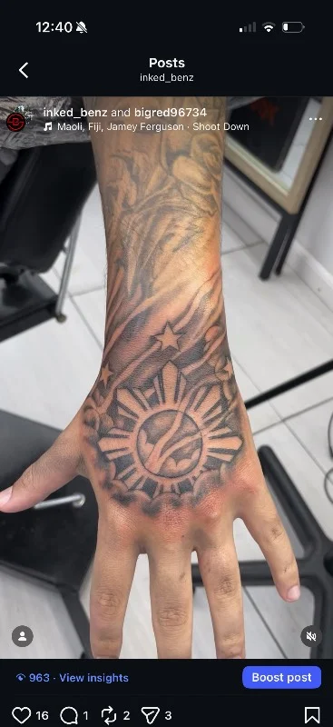 Benson Carlos tribal sun tattoo on hand, geometric style, Hawaii