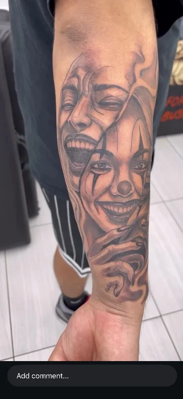 Benson Carlos black and gray realism tattoo of two faces on forearm in Hawaii
